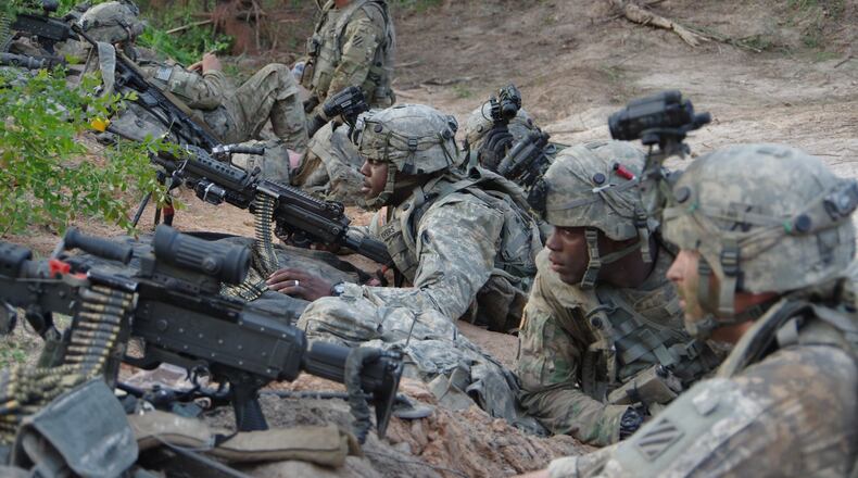 Georgia National Guardsmen from the 48th Infantry Brigade Combat Team conduct live fire exercises at the Joint Readiness Training Center in Fort Polk, La., May 9, 2018. Photo by JRTC Operations Group PAO