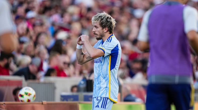 Atlanta United forward Saba Lobjanidze celebrates after scoring a goal during the match against the Real Salt Lake at America First Field on Saturday July 6, 2024. (Photo by Mitch Martin/Atlanta United)