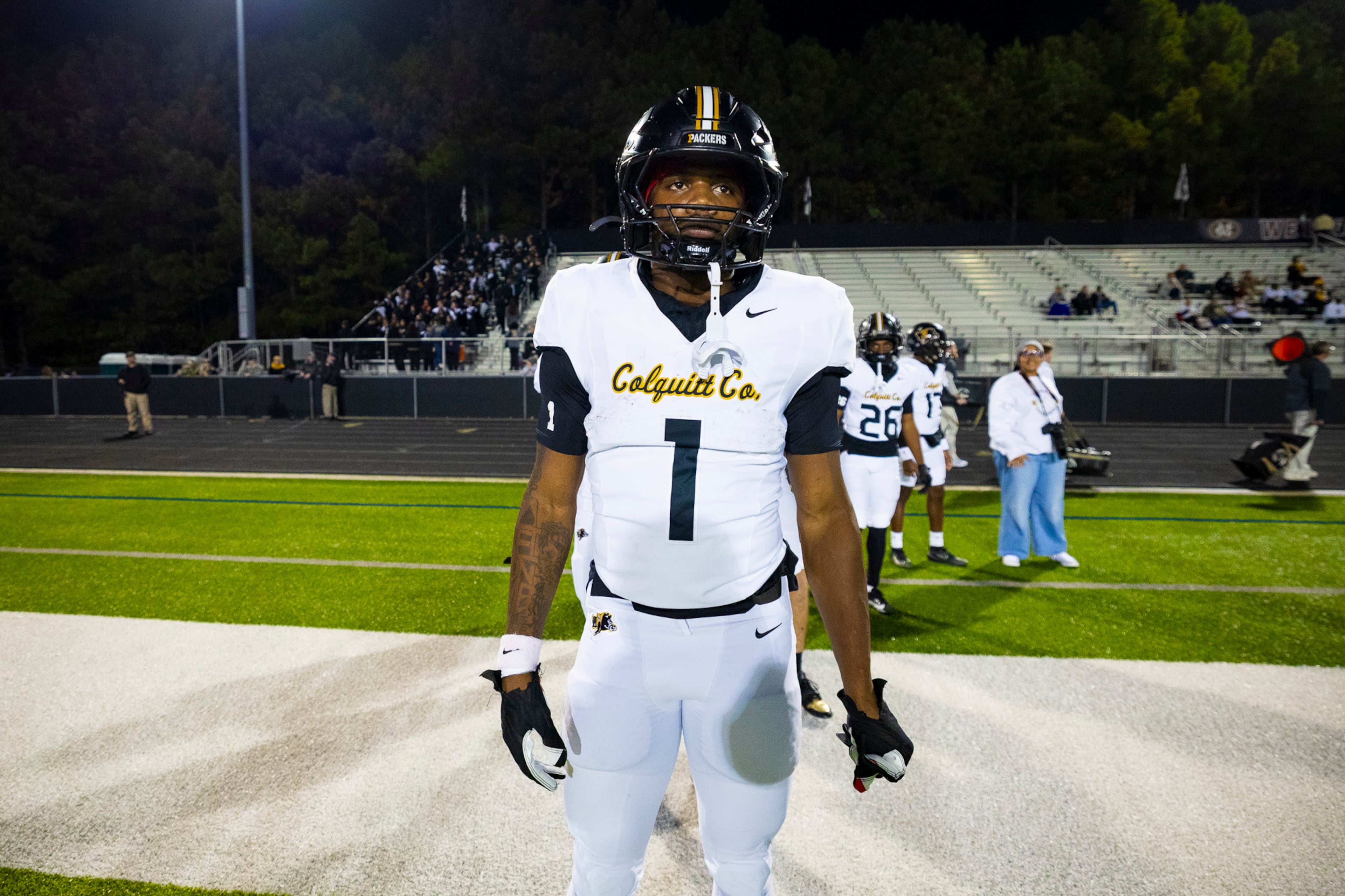 Colquitt running back and UGA commit Jae Lammar (1) stands during the warmups against Mill Creek at Mill Creek Community Stadium in Hoschton on Nov. 14th, 2025. (Oscar Guevara Saenz for the AJC)