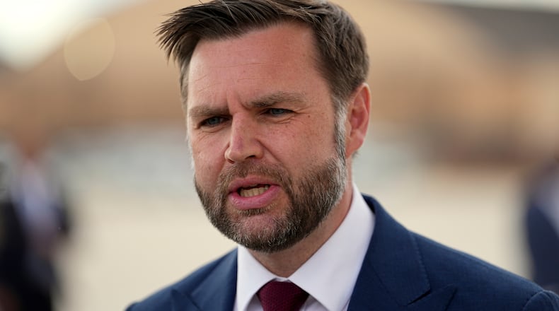 Vice President JD Vance speaks with reporters upon arriving on Air Force Two at Joint Base Andrews, Md., Thursday, May 28, 2026. (AP Photo/Matt Rourke, Pool)