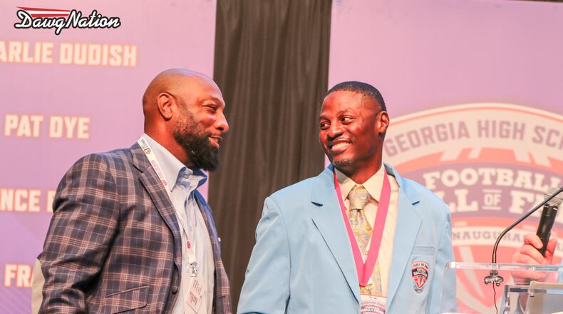 Robert Edwards (left), an All-SEC running back for Georgia in the 1990s, is the Bulldogs' assistant running backs coach. (Jeff Sentell/DawgNation 2022)