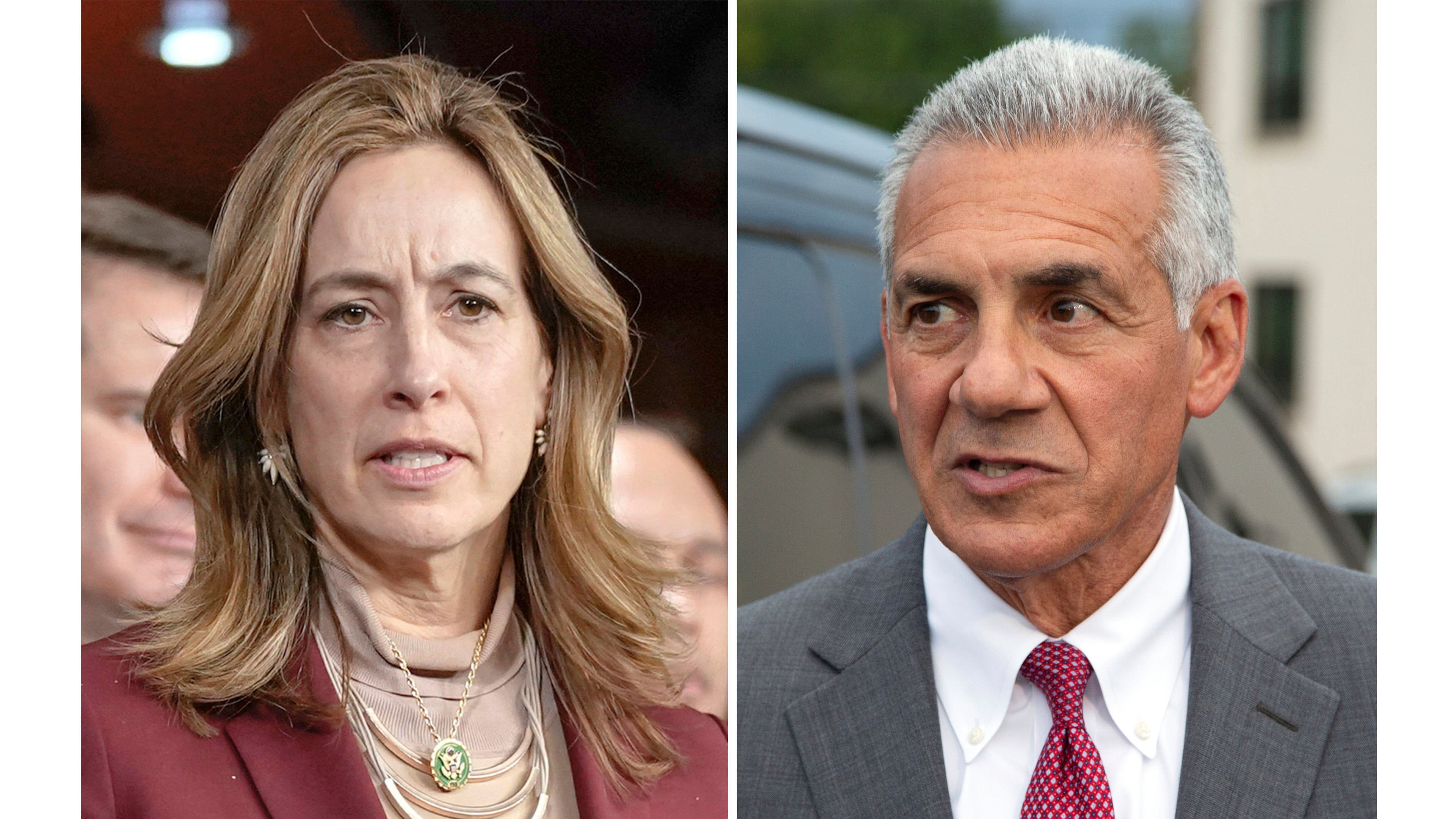 This combination photo shows Rep. Mikie Sherrill, D-N.J., on Capitol Hill, Feb. 13, 2024, in Washington, left, and Republican candidate for Governor Jack Ciattarelli, Sept. 4, 2025, in Garfield, N.J. (AP Photo)