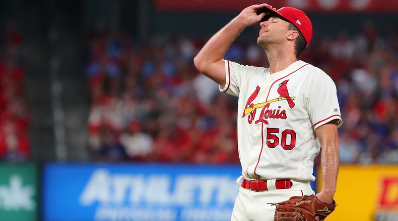 Adam Wainwright #50 of the St. Louis Cardinals reacts after giving up a two-run home run against the Chicago Cubs in the third inning at Busch Stadium on September 28, 2019 in St Louis, Missouri. (Photo by Dilip Vishwanat/Getty Images)