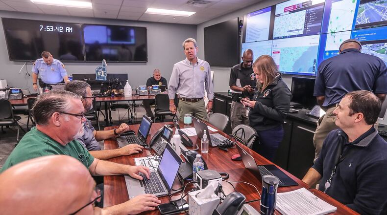Gov. Brian Kemp visits the State Operations Center at the Georgia Emergency Management and Homeland Security Agency (GEMA/HS) headquarters on Wednesday, Sept. 28, 2022. Hurricane Ian prepares to make landfall in Florida and is projected to impact Georgia as well. (John Spink / John.Spink@ajc.com)
