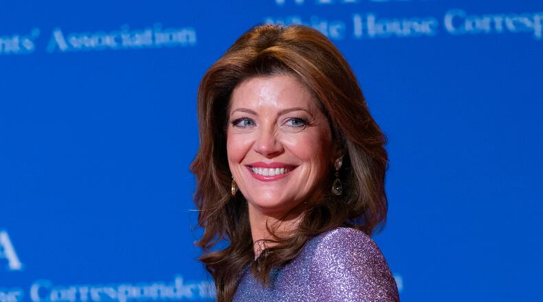 FILE - Norah O'Donnell poses as she arrives at the annual White House Correspondents' Association Dinner in Washington, April 25, 2026. (AP Photo/Jose Luis Magana, File)