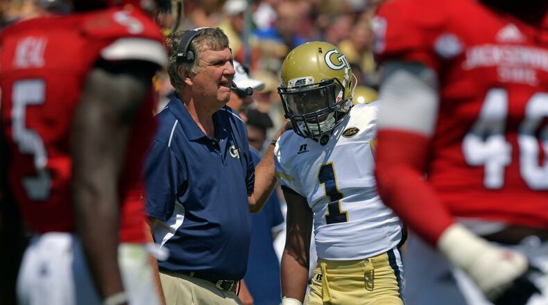Georgia Tech head coach Paul Johnson instructs running back Qua Searcy (1) during the first half of an NCAA college football game against Jacksonville State, Saturday, Sept. 9, 2017 in Atlanta. Georgia Tech defeated Jacksonville State 37-10. AJC photo by Hyosub Shin