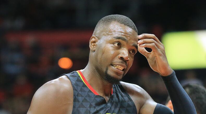 102715 ATLANTA: -- Hawks Paul Millsap reacts to being called for a foul against the Pistons during the final minutes in their first regular season basketball game "home opener" on Tuesday, Oct. 27, 2015, in Atlanta. The Pistons beat the Hawks 106-94. Curtis Compton / ccompton@ajc.com