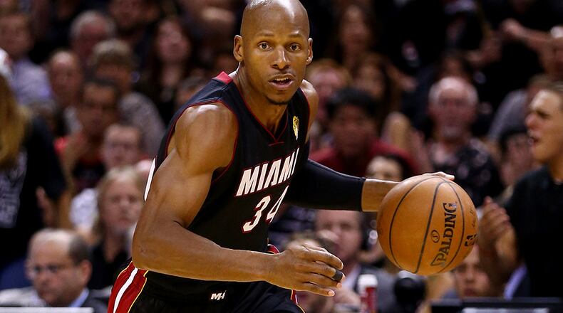 SAN ANTONIO, TX - JUNE 15: Ray Allen #34 of the Miami Heat drives to the basket against the San Antonio Spurs during Game Five of the 2014 NBA Finals at the AT&T Center on June 15, 2014 in San Antonio, Texas. NOTE TO USER: User expressly acknowledges and agrees that, by downloading and or using this photograph, User is consenting to the terms and conditions of the Getty Images License Agreement. (Photo by Andy Lyons/Getty Images) *** Local Caption *** Ray Allen It doesn't qualify as a guarantee but one odds site says Hawks are favorite to sign Ray Allen. (Andy Lyons/Getty Images)