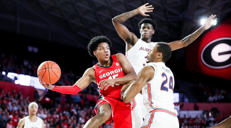 Georgia’s Sahvir Wheeler (15) during a game against Auburn at Stegeman Coliseum in Athens, Ga., on Wed., Feb. 19, 2020.