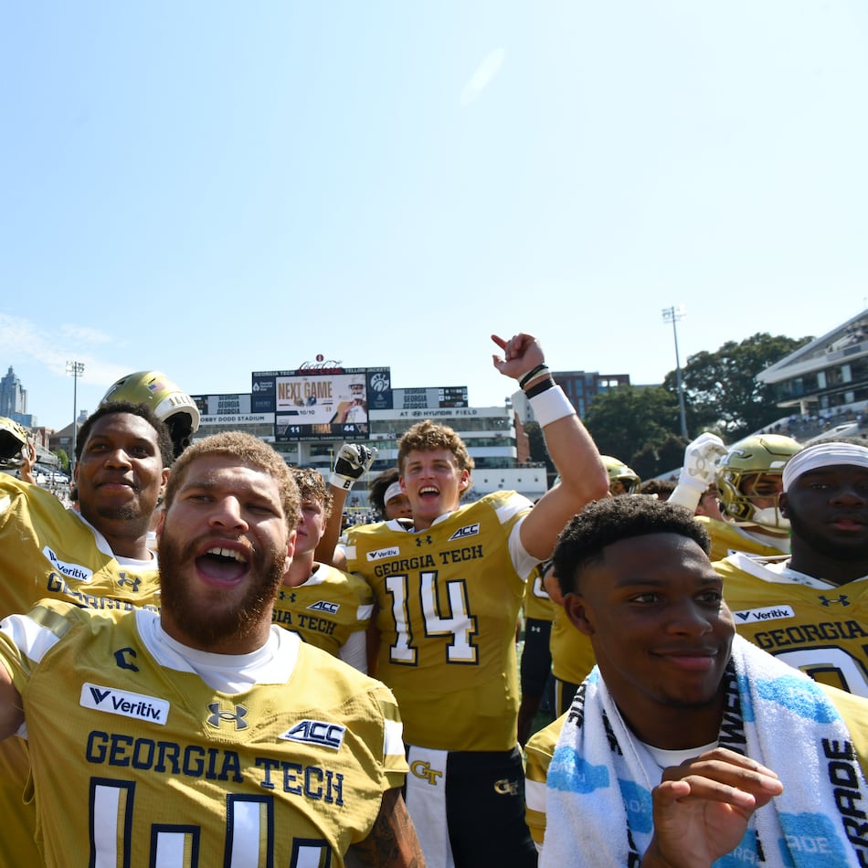 Georgia Tech players celebrate after defeating Mercer, 44-11, at Bobby Dodd Stadium on Saturday, Sept. 19, 2026, in Atlanta. This week, the Yellow Jackets take on Stanford. (Hyosub Shin/AJC)