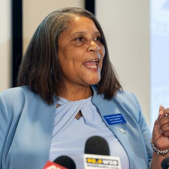 Gwinnett County District Attorney Patsy Austin-Gatson announces a lawsuit challenging House Bill 369 on Friday, Aug. 28, 2026. (Ben Hendren for the AJC)