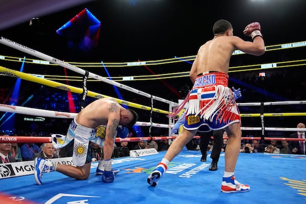Rohan Polanco knocks down Fabian Maidana in a welterweight boxing match Sunday, May 4, 2025, in Las Vegas. (AP Photo/John Locher)