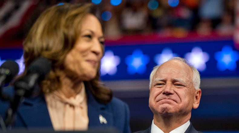 Vice President Kamala Harris, the Democratic presidential nominee, and Minnesota Gov. Tim Walz, her running mate, at a rally at Temple University. (Tom Gralish/The Philadelphia Inquirer/TNS)