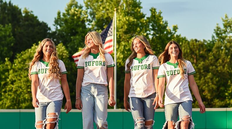 Four seniors have led the Buford softball team to a perfect record heading into the state championship tournament: (L-R) Kadyn Gabrels, Caroline Stanton, Addie Rackley and Summer Castorri. (Courtesy of Paige Ewing)