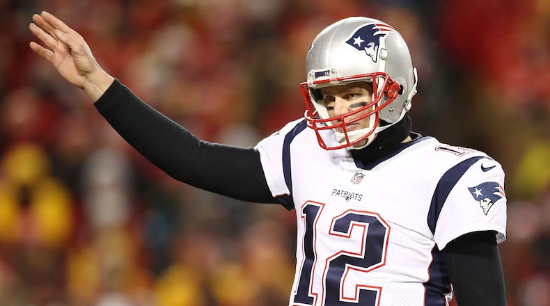 Tom Brady of the New England Patriots gestures in the second half against the Kansas City Chiefs during the AFC Championship Game at Arrowhead Stadium on January 20, 2019 in Kansas City, Missouri. (Photo by Ronald Martinez/Getty Images)