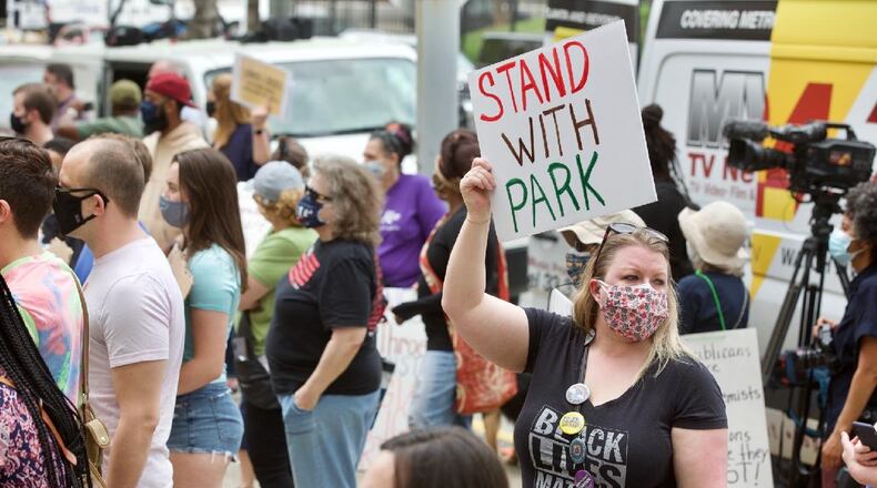A crowd gathers at City Hall for a rally Saturday, March 27, 2021, to protest the state's overhaul of election law and to show support for state Rep. Park Cannon, who was arrested on the day the governor signed the bill into law. (Photo: Steve Schaefer for The Atlanta Journal-Constitution)
