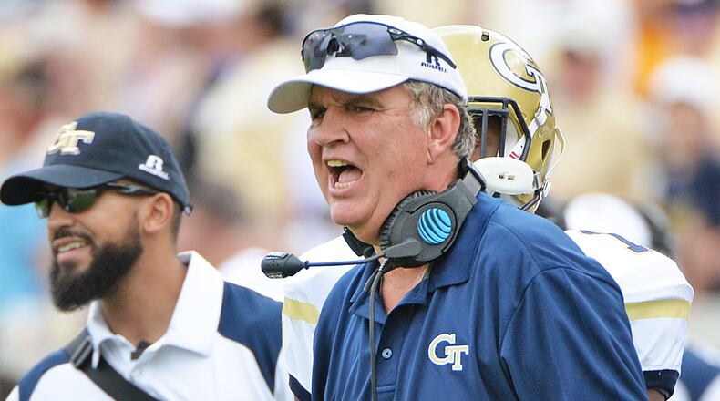 Georgia Tech Yellow Jackets head coach Paul Johnson shouts instructions in the second half at Bobby Dodd Stadium on Saturday, September 17, 2016.