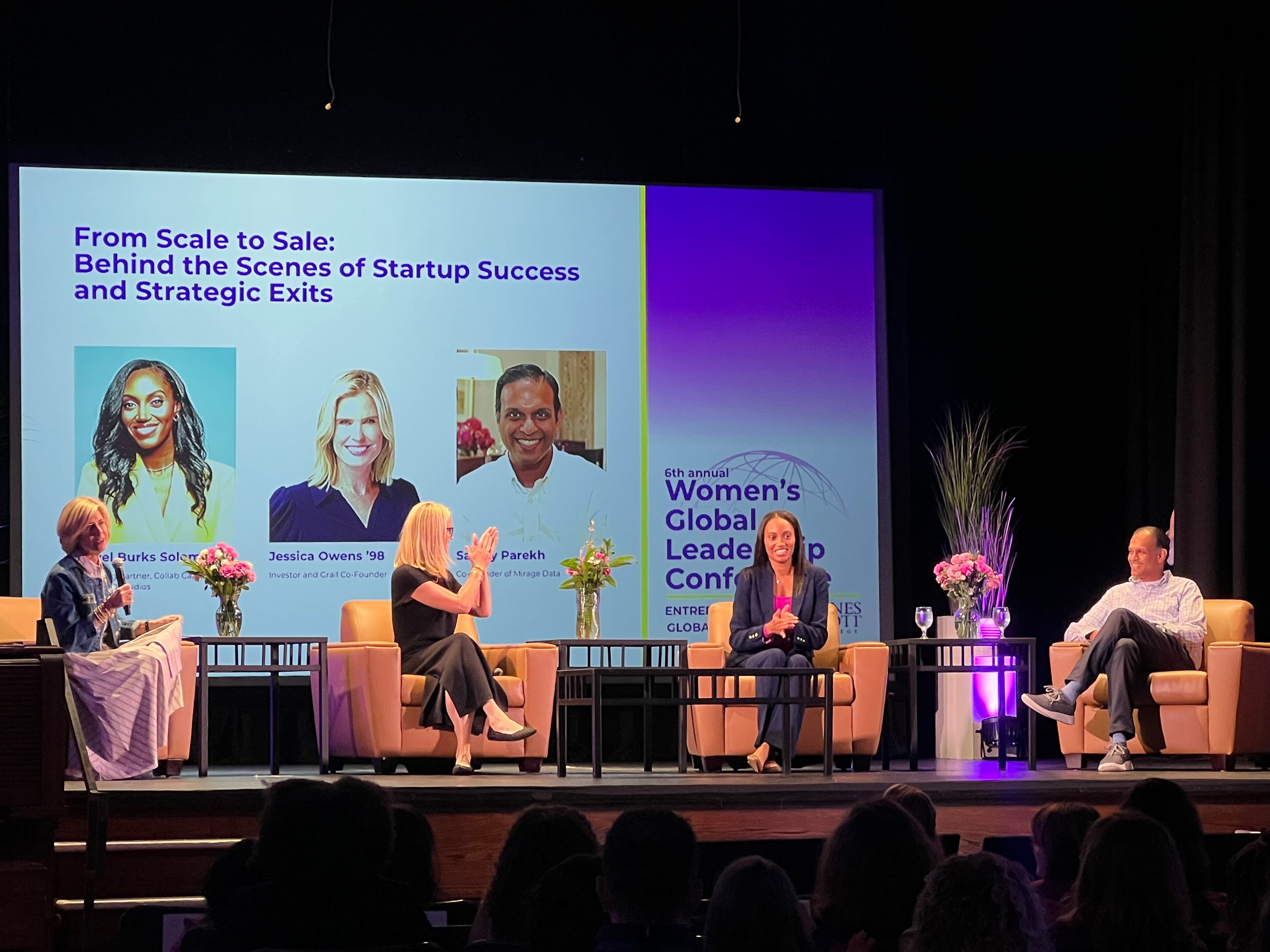 Metro Atlanta Chamber CEO Katie Kirkpatrick moderated a panel at Agnes Scott College's Women's Global Leadership Conference, with speakers Jessica Owens, Jewel Burks Solomon and Sanjay Parekh. (Kelly Yamanouchi / AJC)