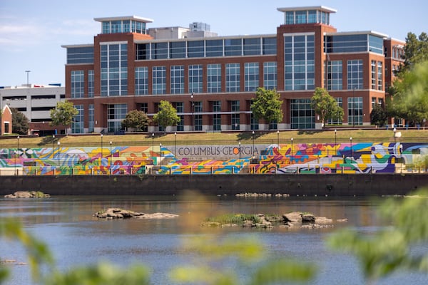A view of buildings along the Riverwalk in Columbus on Tuesday, Sept. 2, 2025. (Arvin Temkar/AJC)