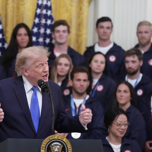 President Donald Trump speaks during an event for Olympic winter athletes, coaches, staff, and representatives from Team USA in the East Room of the White House, Thursday, Aug. 6, 2026, in Washington. (AP Photo/Alex Brandon)