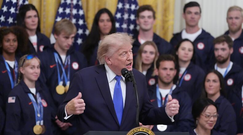 President Donald Trump speaks during an event for Olympic winter athletes, coaches, staff, and representatives from Team USA in the East Room of the White House, Thursday, Aug. 6, 2026, in Washington. (AP Photo/Alex Brandon)