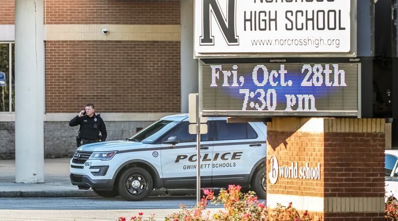 There was a visible presence of Gwinnett County School resource officers on campus at Norcross High School on Thursday, Oct. 27, 2022, after Norcross High School student DeAndre Henderson was shot and killed off-campus during the school day the previous day. (John Spink / John.Spink@ajc.com)