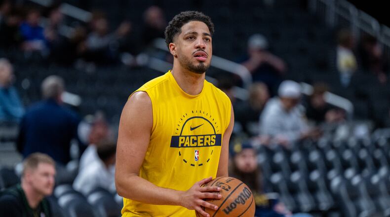 Indiana Pacers guard Tyrese Haliburton (0) shoots around on the court before an NBA basketball game against the Minnesota Timberwolves in Indianapolis, Tuesday, April 7, 2026. (AP Photo/Doug McSchooler)