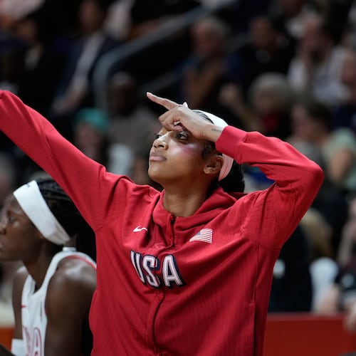 Angel Reese, of the United States, reacts during the Women's Basketball World Cup final match between the United States and France in Berlin, Sunday, Sept. 13, 2026. (AP Photo/Ebrahim Noroozi)