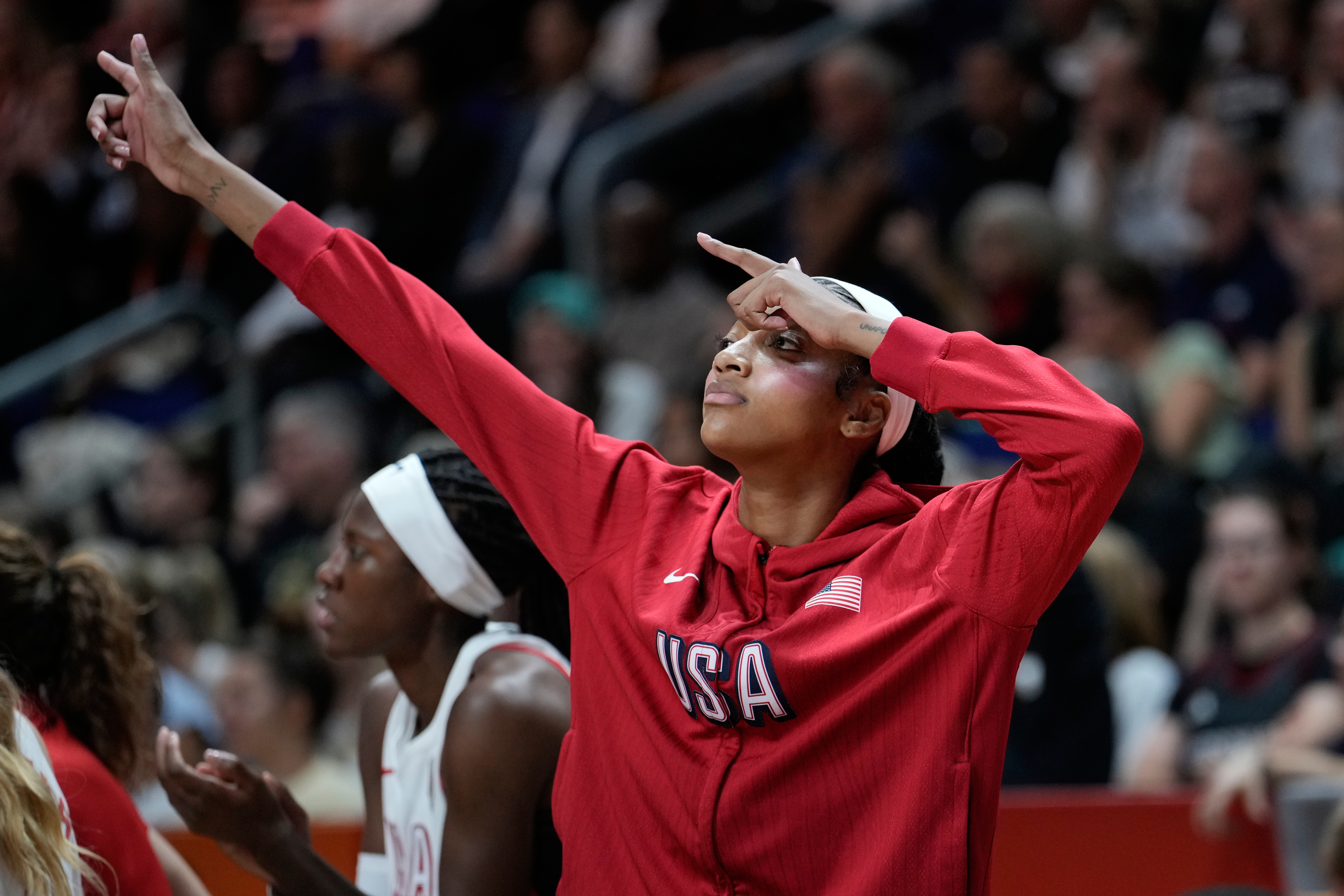 Angel Reese, of the United States, reacts during the Women's Basketball World Cup final match between the United States and France in Berlin, Sunday, Sept. 13, 2026. (AP Photo/Ebrahim Noroozi)