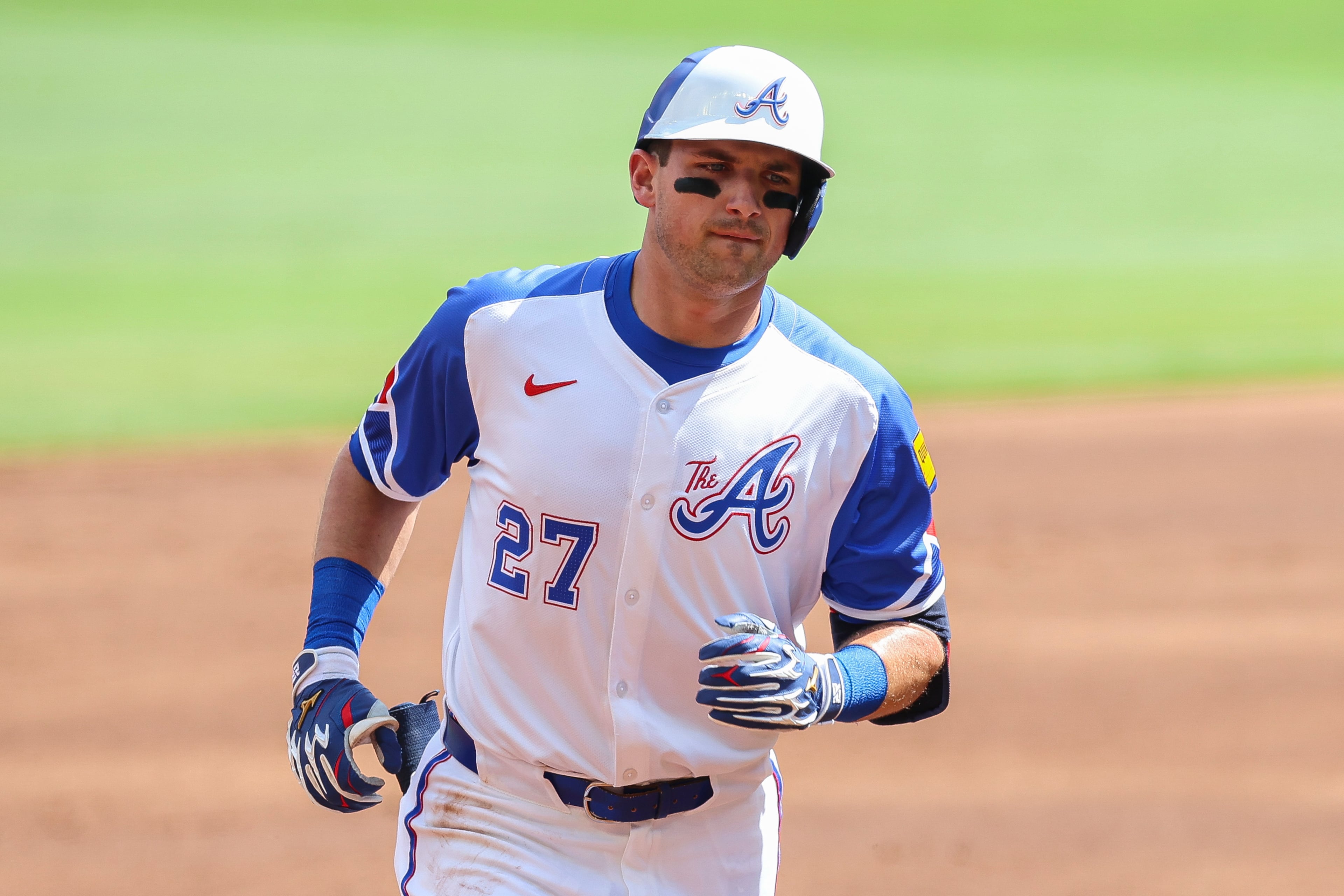 Atlanta Braves' Austin Riley rounds the bases after hitting a two-run home run in the first inning of a baseball game against the Baltimore Orioles, Saturday, July 5, 2025, in Atlanta. (AP Photo/Colin Hubbard)
