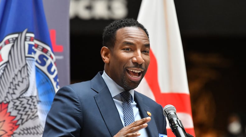 Atlanta mayor Andre Dickens speaks during Human Trafficking Prevention press conference at Hartsfield-Jackson Atlanta International Airport, Tuesday, Jan. 31, 2023, in Atlanta. (Hyosub Shin / Hyosub.Shin@ajc.com)