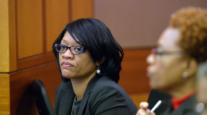 Former Dobbs Elementary Principal Dana Evans listens to closing arguments in the Atlanta Public Schools test-cheating trial in 2015. (Kent D. Johnson / AJC file photo)