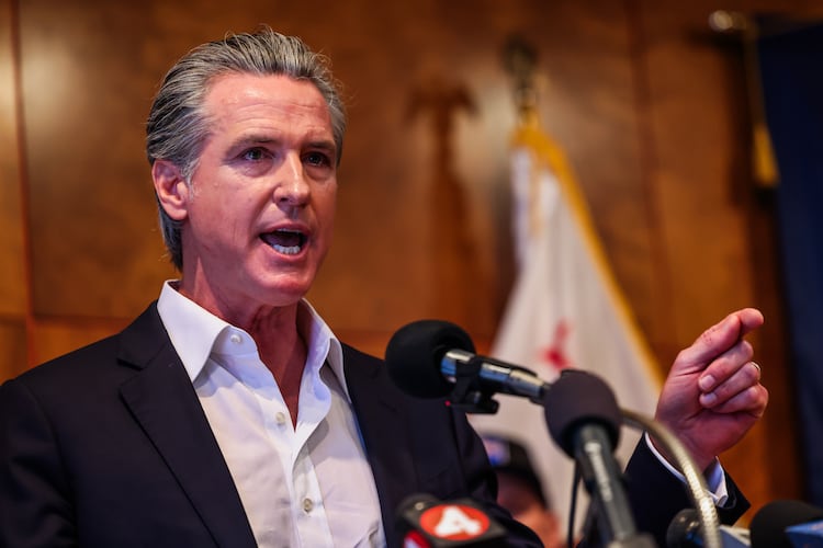 California Gov. Gavin Newsom speaks during a campaign event in support of Proposition 50 in San Francisco, Monday, Nov. 3, 2025. (Gabrielle Lurie/San Francisco Chronicle via AP)