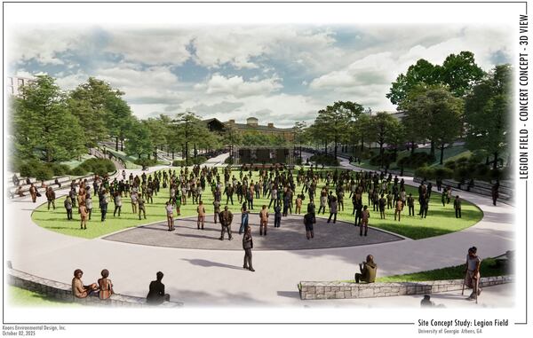 This rendering depicts the University of Georgia’s plan for an amphitheater and green space on campus in place of Legion Pool. A study conducted earlier this year found that fewer than 2.5% of students use the pool. (Courtesy)