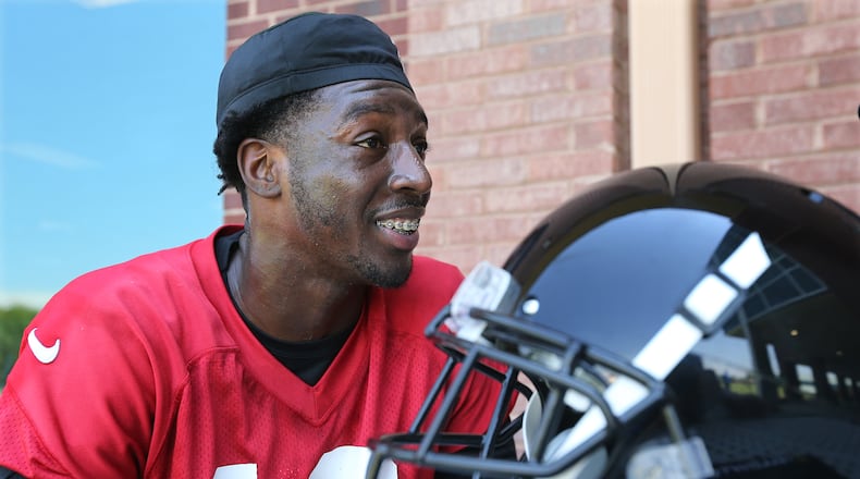 May 11, 2018 Flowery Branch: Atlanta Falcons first round draft pick Calvin Ridley is all smiles at the end of the first day of practice during rookie-mini-camp on Friday, May 11, 2018, in Flowery Branch.  Curtis Compton/ccompton@ajc.com