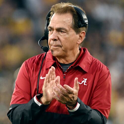 FILE - Alabama head coach Nick Saban reacts after running back Jase McClellan (2) scored a touchdown during the second half of the Rose Bowl CFP NCAA semifinal college football game against Michigan, Jan. 1, 2024, in Pasadena, Calif. (AP Photo/Kyusung Gong, File)