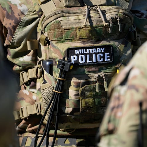 FILE - Members from the National Guard working as part of the Memphis Safe Task Force conduct a community safety patrol at Tom Lee Park, Oct. 12, 2025, in Memphis, Tenn. (AP Photo/George Walker IV, File)