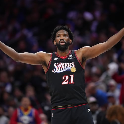 Philadelphia 76ers' Joel Embiid reacts during the first half of Game 4 against the Boston Celtics in a first-round NBA basketball playoffs series Sunday, April 26, 2026, in Philadelphia. (AP Photo/Matt Slocum)