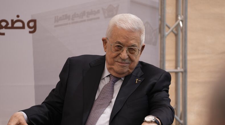 Palestinian President Mahmoud Abbas attends the inauguration ceremony of the Innovation and Excellence Compound in the West Bank city of Ramallah, Wednesday, Sept. 9, 2026. (AP Photo/Mahmoud Illean)