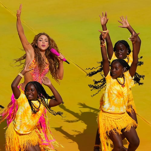 Shakira performs at halftime of the World Cup final soccer match between Spain and Argentina in East Rutherford, N.J., near New York, Sunday, July 19, 2026. (AP Photo/Yuki Iwamura)
