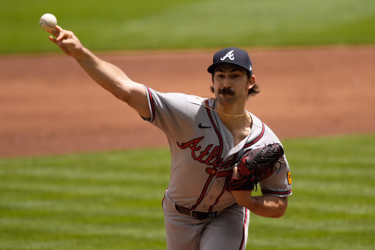 Atlanta Braves pitcher Spencer Strider throws during the first inning of a baseball game against the Cincinnati Reds in Cincinnati, Sunday, May 31, 2026. (AP Photo/Carolyn Kaster)