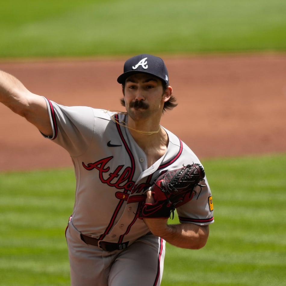 Atlanta Braves pitcher Spencer Strider throws during the first inning of a baseball game against the Cincinnati Reds in Cincinnati, Sunday, May 31, 2026. (AP Photo/Carolyn Kaster)