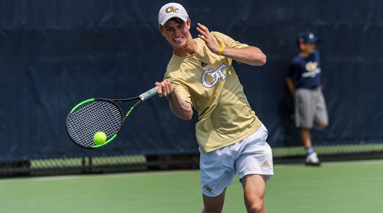 Georgia Tech freshman tennis player Cole Gromley in action against Louisville on April 7, 2019. (Photo courtesy of Georgia Tech Athletics/Danny Karnik)