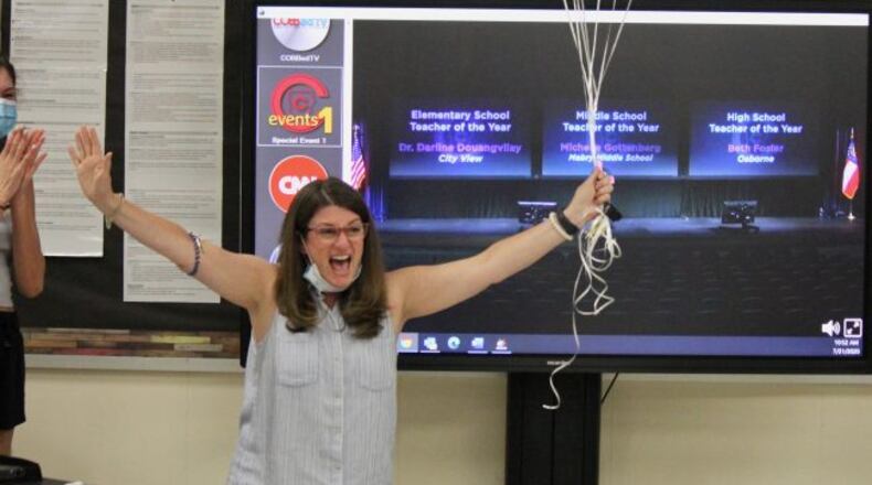 Michelle Gottenberg of Mabry Middle School celebrates being named a 2020 teacher of the year for the Cobb County School District