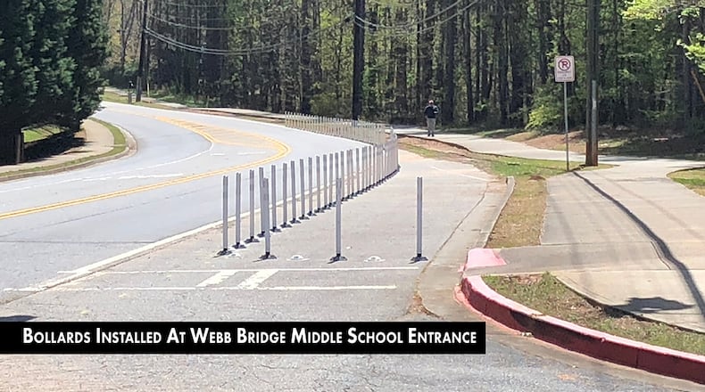 Alpharetta has installed a line of bollards near the entrance to Webb Bridge Middle School. (Courtesy City of Alpharetta)