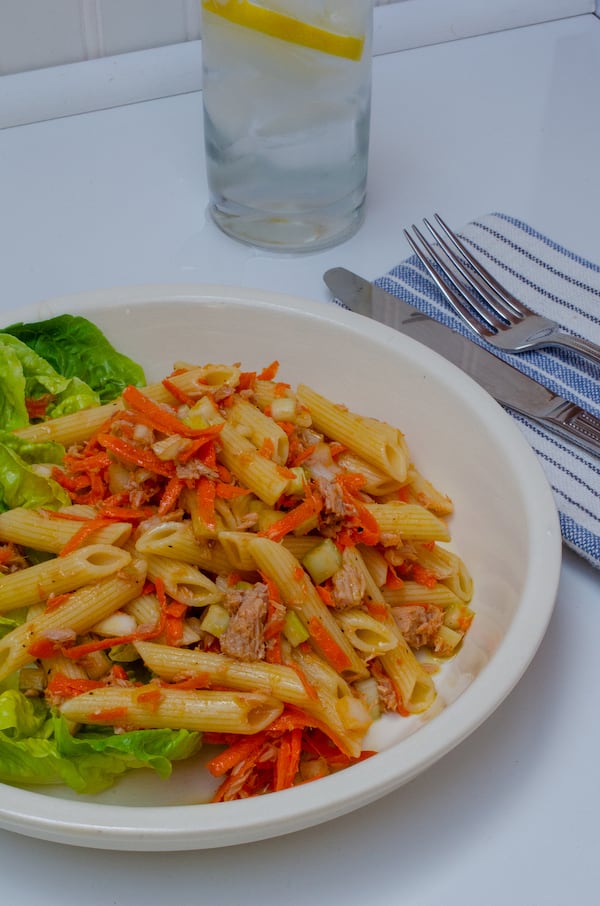 Penne, canned tuna, and a hearty helping of vegetables are dressed in extra virgin olive oil for a filling and flavorful supper.
(Virginia Willis for The Atlanta Journal-Constitution)