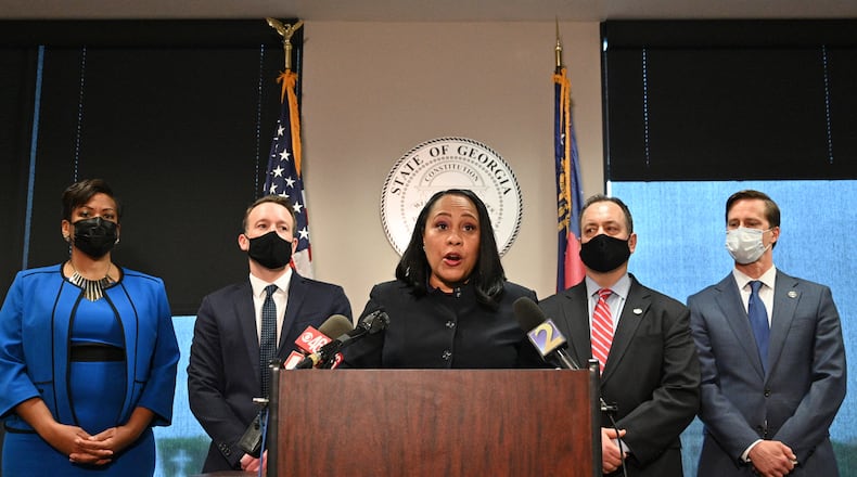 May 11, 2021 Atlanta - Fulton County's district attorney Fani Willis speaks to members of press during a press conference on indictment of Atlanta spa shooting suspect Robert Long at Fulton County Courthouse Judicial Center Tower on Tuesday, May 11, 2021. Eight weeks after eight people were killed at three metro Atlanta spas, a Fulton County grand jury has indicted the alleged gunman, the District AttorneyÕs Office said Tuesday. Prosecutors also plan to seek the death penalty and pursue hate crime charges, according to court filings. (Hyosub Shin / Hyosub.Shin@ajc.com)