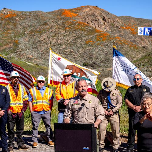 FILE - Riverside County Sheriff Chad Bianco speaks at a news conference in Lake Elsinore, Calif., Feb. 7, 2023, as officials announced that the closure of poppy fields at Walker Canyon until the wildflower bloom subsides. (Watchara Phomicinda/The Orange County Register via AP, File)