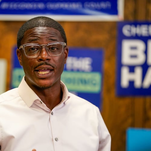 David Crowley, Democratic candidate for Wisconsin governor speaks to supporters gathered at the Sheboygan County Democratic Party office during a campaign stop Friday, Aug. 7, 2026, in Sheboygan, Wis. (AP Photo/Kayla Wolf)