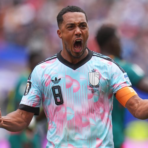 Belgium's Youri Tielemans (8) celebrates after scoring during the World Cup round of 32 soccer match between Belgium and Senegal in Seattle, Wednesday, July 1, 2026. (AP Photo/Manu Fernandez)